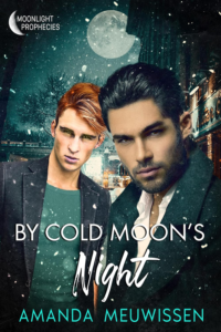 By Cold Moon's Night by Amanda Meuwissen. Two men - one with light skin and red hair and another with tan skin and black hair - are smoldering at the reader. They're outside of a bar on a snowy night. Their hair is impeccably gelled.