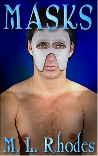 a white man in a half of a gimp mask maybe? eyes forehead and cheeks covered with nose and mouth exposed looking at the camera against a blue background it is very spare and very creepy 