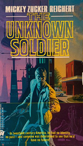 The Unknown Solider - an illustration in a very 70s style with a guy in a sportcoat pointing some kind of ray gun while an ER and a futuristic city loom behind him. the illustration is mostly purple blue yellow and red