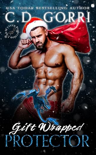 Gift Wrapped Protector by C.D. Gorri. A well-oiled and shirtless man is wearing a Santa hat. He has a red sack over his shoulder and is wearing tight, red shorts. A small blue dragon is covering his crotch.