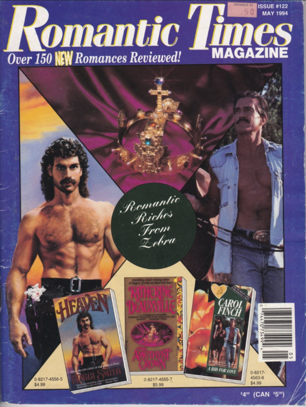 A truly epic cover. On the left is David Alan Johnson in HEAVEN with a full John Oates mullet shirtless and hairy chested wearing low slung black pants and a gun. There's a mustache. There's smoldering. Then a crown at the top on top of purple fabric, and on the right another cover model this time a photograph of another white dude with a mustache, leading a horse with a sleeveless chambray shirt open over a bare chest and with jeans and a massive belt buckle. It's just glorious.