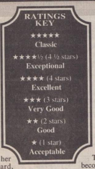 RATINGS KEY ***** Classic ****½ (4½ stars) Exceptional **** (4 stars) Excellent *** (3 stars) Very Good ** (2 stars) Good * (1 star) Acceptable