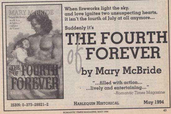 The ad text reads When fireworks light the sky, and love ignites two unsuspecting hearts, it isn't the fourth of July at all anymore... Suddenly it's THE FOURTH 0 FOREVER by Mary McBride image description in the next image.