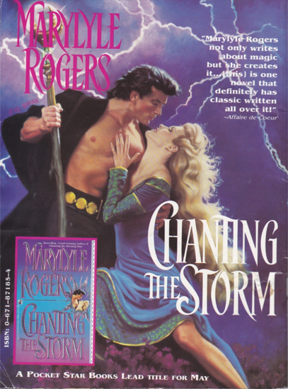 A full page ad for Chasing the Storm by MaryLyle Rogers, which shows a white guy with a mullet and a lightning staff and a big disk belt (Romantasy belt!) while a woman in an off the shoulder pseudo-medieval gown drapes herself over his front.