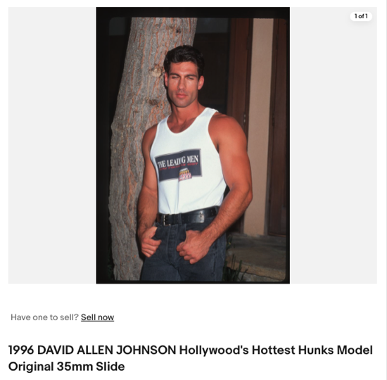 A screengrab of an ebay listing with David Alan JOhnson in a tank top that reads HOllywood's Hottest Hunks but it's an awkward picture because his eyes are part closed. The caption reads 1996 DAVID ALLEN JOHNSON Hollywood's Hottest Hunks Model Original 35mm Slide