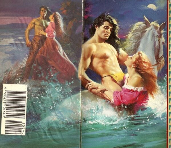 A Pino illustration of a man wearing an itty bitty loincloth barely on a horse while a woman is chest-deep in some very disturbed water like she's pulling him off the back of the horse. There is no explanation as to HOW he is staying on the horse because there's no saddle. I presume he has suckers on his bum.