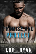 Promise and Protect by Lori Ryan. A shirtless man from the waist up. He is looking down and his hands disappear toward his pelvis. He appears to be fading away at around the bellybutton area, revealing a landscape behind him of dark clouds and a field.