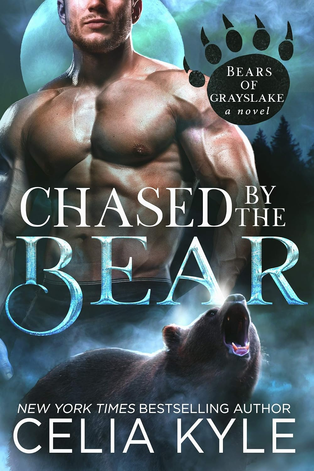Chased by the Bear by Celia Kyle. A forest and full moon awash in blue smoke. A headless, shirtless man looms over all while an angry bear roars at the man's crotch.