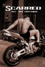 Scarred by Jim Snyder. A man in black boxer briefs, ankle boots, and a backwards ball cap sits on a motorbike. There's some crackly, sepia filter over the whole thing so the man's skin looks like cracked, dry earth.