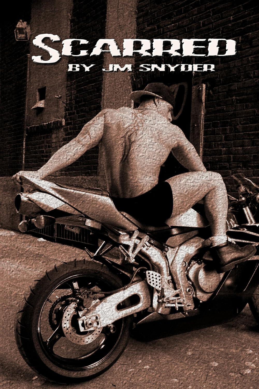 Scarred by Jim Snyder. A man in black boxer briefs, ankle boots, and a backwards ball cap sits on a motorbike. There's some crackly, sepia filter over the whole thing so the man's skin looks like cracked, dry earth.