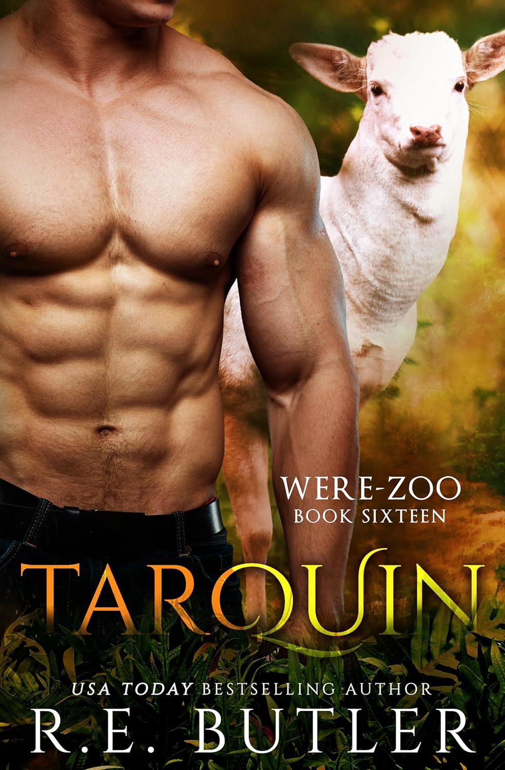 Tarquin by R.T. Butler. The left half of the cover is a shirtless, headless man in black slacks. A white, freshly sheared sheep is peeking out from behind him and is standing in a golden field.