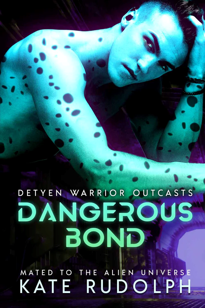 Dangerous Bond by Kate Rudolph. A bright blue man with long, dark hair and an undercut. His skin is covered in dark spots.