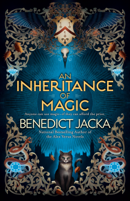 An Inheritance of Magic of Benedict Jacka. A blue cover with a black cityscape in the background. In the middle is a gray cat. The borders have filigree, diamond gemstones, brown snakes, and orange leaves.