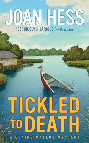 Tickled to Death - an illustration of a mostly sunken rowboat with red trim in a marshland with smooth light blue water