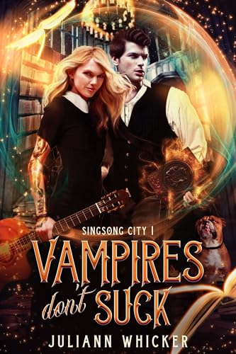 Vampires Don't Suck by Juliann Whicker. A Taylor Swift lookalike with a guitar, sleeve tattoo, and Wednesday Addams dress stands in a library next to a man who looks like Edward from Twilight. Green mist swirls around them while a Boxer dog looks at the from the bottom right corner.