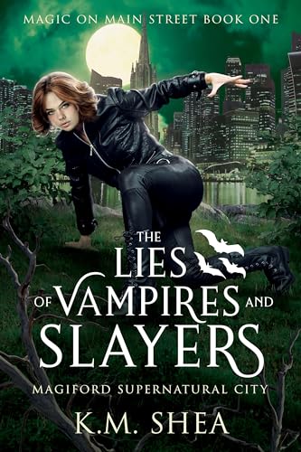 The Lies of Vampires and Slayers by K.M. Shea. A redhead with a feathered bob haircut and dressed all in leather is crouched in a park. The silhouette of some bats is terribly placed by her butt. 