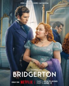 the season three poster with Colin in a blue jacket and ruffly cravat and wavy hair looking down in confusion at a resplendant Nicola Coughlin wearing a blue gown, holding a copy of Lady Whistledown