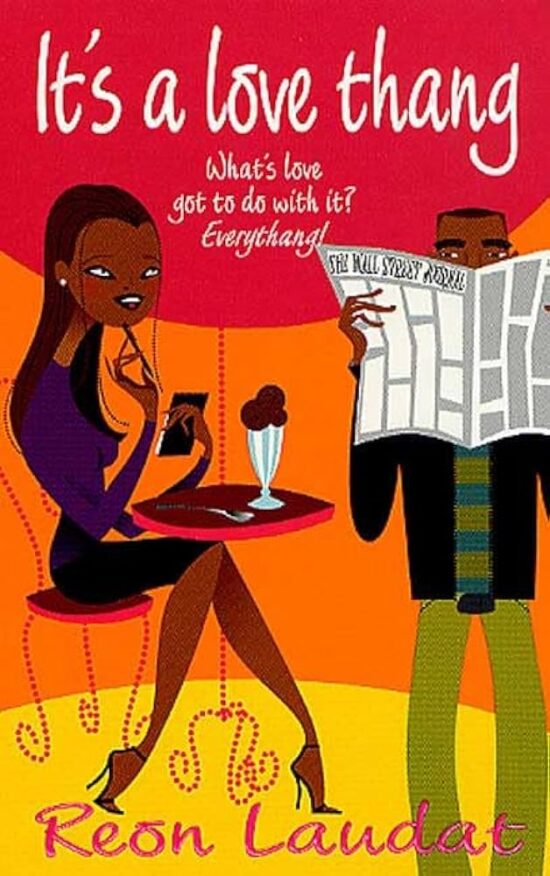 It's a love thang by reon laudon, with an illustration of a very stretched out black woman with extremely long fingers and ankles and a giant oval head with one finger resting on her chin. She's very spaghetti looking. And there's a very square guy reading a newspaper wearing green pants and a striped shirt and black jacket. But she would be ten times taller than he is if she stood up