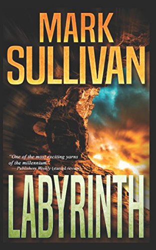The cover for Labyrinth features part of the opening of a cave with the sky in red and gold behind the cave opening. Against one wall is the shadow of a human figure.
