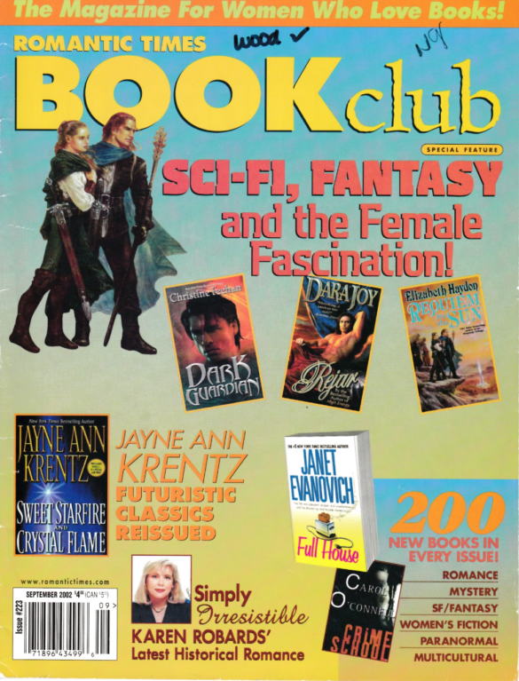 Romantic Times Book Club - Sept 2002 Sci Fi Fantasy and the Female Fascination with books scattered over the front cover against a faded blue/yellow background. There's also an illustration of two elves? Maybe? to one side. It's very clip art cut and paste looking