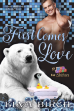 First Comes Love by Elva Birch. The background is a blue and black bathroom tile pattern. A shirtless man is smiling down at the bottom left corner where a polar bear and penguin are enjoying a bath with two little rubber duckies.