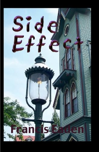 This cover is WEIRD. It's a picture of a gas lantern street light against a victorian house and the sky with a very low pov. the title and the author name are written in purple drippy text with a LOT of shadow, emboss, and bevel applied in Photoshop.