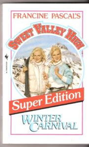 Winter Carnival original cover with elizabeth with her hair pulled back wearing a blue sweater with skates over her shoulder and jessica in a silver and pink ski jacket holding skis with a snowy mountain behind them 