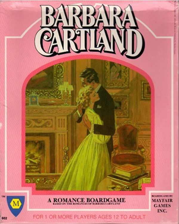 The box for the Barbara Cartland board game a very very pink frame around a yellow and green tinged illustration of a man and woman in regency garb embracing in a room probably from a cover of one of her books