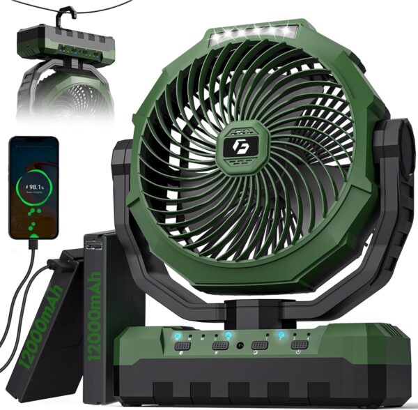 A green rechargeable fan with a base, a backup battery, and a small remote 