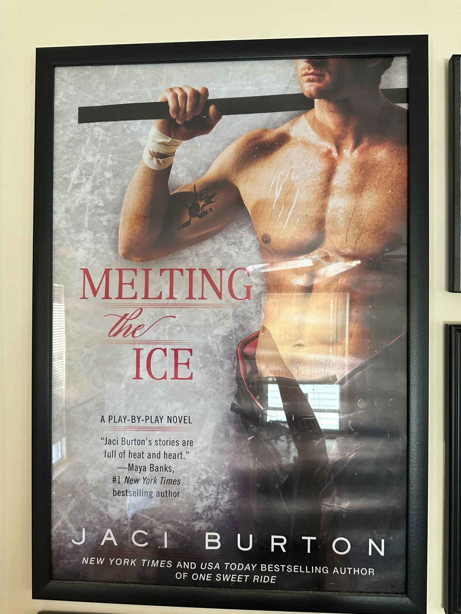 Melting the Ice poster of a very sweaty, headless and shirtless man in hockey pants.