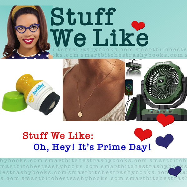 Stuff We Like - Prime Day - our logo with a picture of a necklace, a sunscreen applicator, and a fan 
