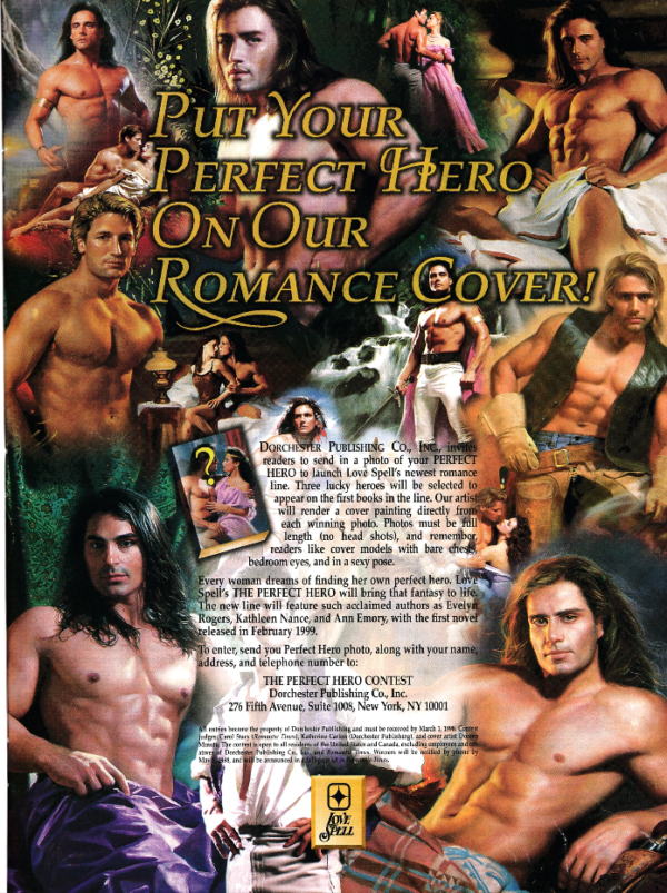 A massive collage of cover model illustrations with chests and nipples everywhere - Put Your Perfect Hero on our Romance Cover Love Spell is looking for cover models.