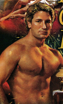 A clip from the collage of a blonde shirtless man with massive pecs smoldering at the reader. he looks a bit like Richard Gere