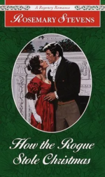 How the Rogue Stole Christmas with a Regency couple with the heroine in a red dress embracing in front of a mantel, but NO CAT