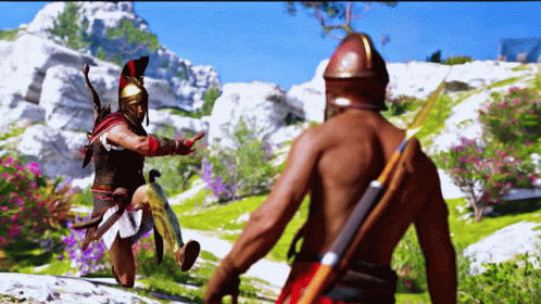 a gif of different assassin's creed characters leaping into the air and changing period costume as they prepare to stab some shirtless rando in a helmet. They are both outside on a sunny day with rocks and grass behind them both