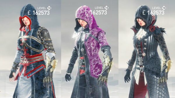 a triptych of costume images from Syndicate, one with a hood and drape in blue with red trim, another with the same blue draped coat and a purple hood and jacket, and the third has a neck ruff and feathers. 