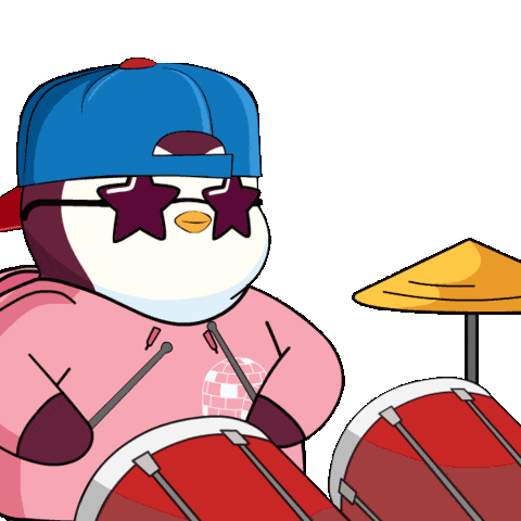 a cartoon penguin does the "ba bum tiss" on the drums