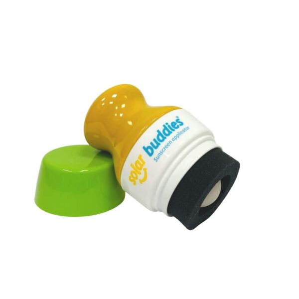 Solar Buddies Sunscreen Applicator- a plastic sunscreen applicator with a yellow handle and a green top, with a black foam ring around a roll-on applicator