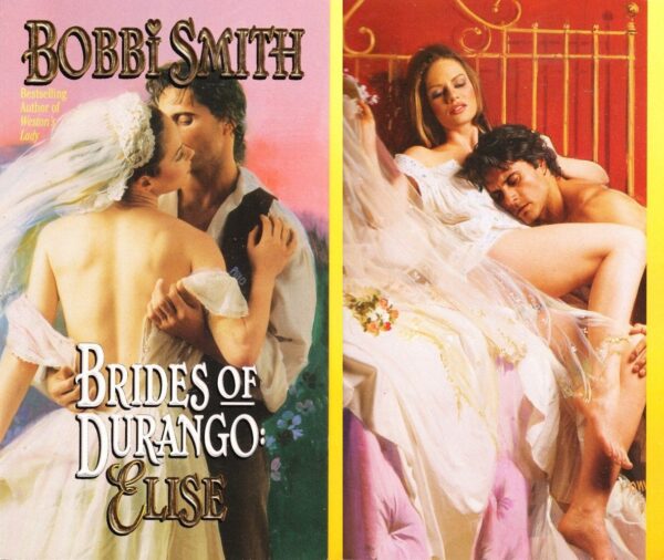 The cover for Bobbi Smith's Brides of Durango with John deSalvo in avest and shirt holding the waist of a bride with her dress half undone facing away from the reader. Only half of DeSalvo's face is showing so it's a little creepy The stepback shows a couple in bed - description below in the image!