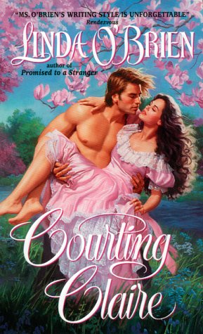 Courting Claire is a very old skool cover with a pink gowned white woman with flowing brown hair being lifted into the air by a shirtless white guy with a mullet beneath a pink flowered branch 