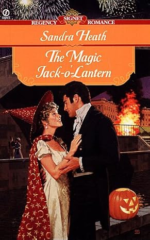 The cover for Magic JackoLantern features a white couple in Regency garb, and there's a leering lit jack o lantern behind them and something is on fire?! THe heroine is wearing a white gown with a cape and witches hat in red printed with moons and stars.