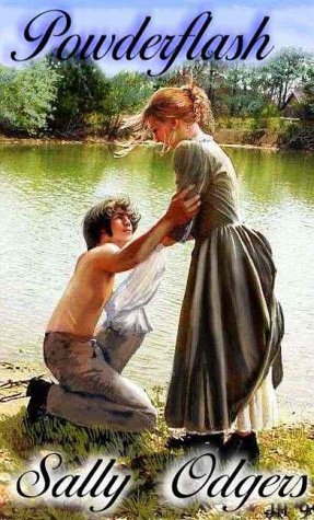 The cover for Powderflash showing a shirtless white man being helped to his feet by a white woman in a grey gown by a body of water 
