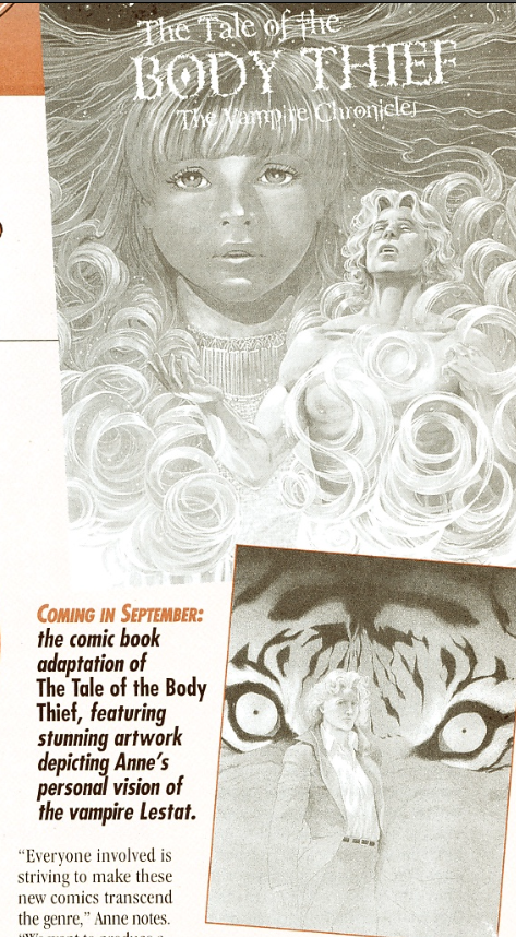 The comic adaptation of The Tale of the Body thief, with a picture of artwork depicting Anne's vision of Lestat, who looks like Sean Penn