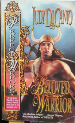 Judi DiCanio's Beloved Warrior features a muscular White guy wearing a MASSIVE horned helmet, a fur over his shoulder, and a sword being lifted behind his back. The tag line is He was larger than life in every respect, from his broad chest to his muscular arms...