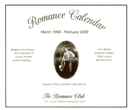 Romance Calendar March 1999- Feb 2000, from The Romance Club with an oval insset with a cowboy holding his hat with lightning striking the ground behind him.