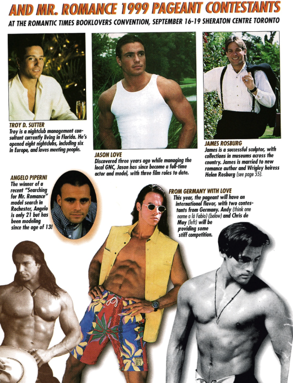 The page o Mr Romance contestants include Troy, Jason, James, Angelo, Andy and Chris. Three are wearing shirts, three are topless, and one is a close up and seems to be wearing plaid