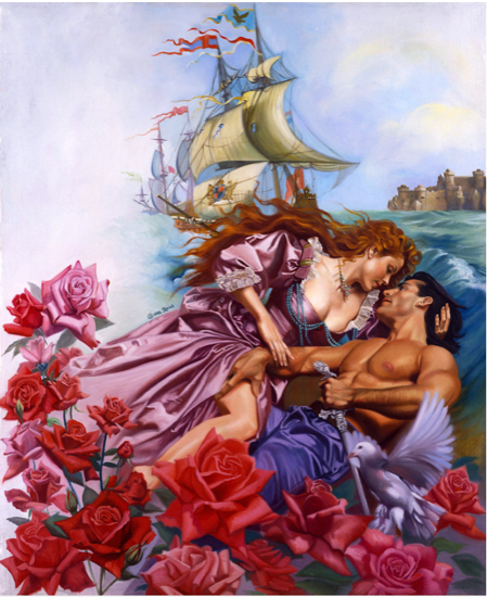 The oil painting by Sharon Spiak for The Hawk and the Dove featuring fabio reclining in the ocean? surrounded by roses? and a pigeon? He's holding onto his sword Very Suggestively, while a woman with gian red hair and a giant pink dress looms over him. Growing out of her hair is a pirate ship. 