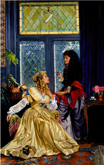 The art for Distant Choices features a white blonde woman with curls and a yellow gown seated while a dark haired woman holds a tiny cup of tea while standing over her in a dark grey and black dress with a red shawl. There's a fierce siamese cat seated in the folds of the yellow gown 