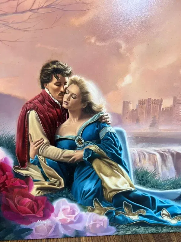 A painting of a white man with a big mustache in a velvet doublet embracing awoman in a teal gown with a castle in the background. 