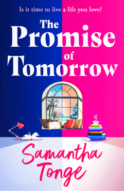 The Promise of Tomorrow by Samantha Tonge - half blue and half pink with a window split down the middle. on the left side of the window is a beach scene and on the right is a winter scene 